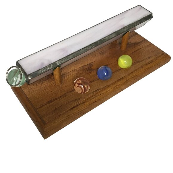 Vintage Stained Glass Kaleidoscope Toy Art Glass Marbles on Oak Wood Stand 9x4 - Picture 1 of 11